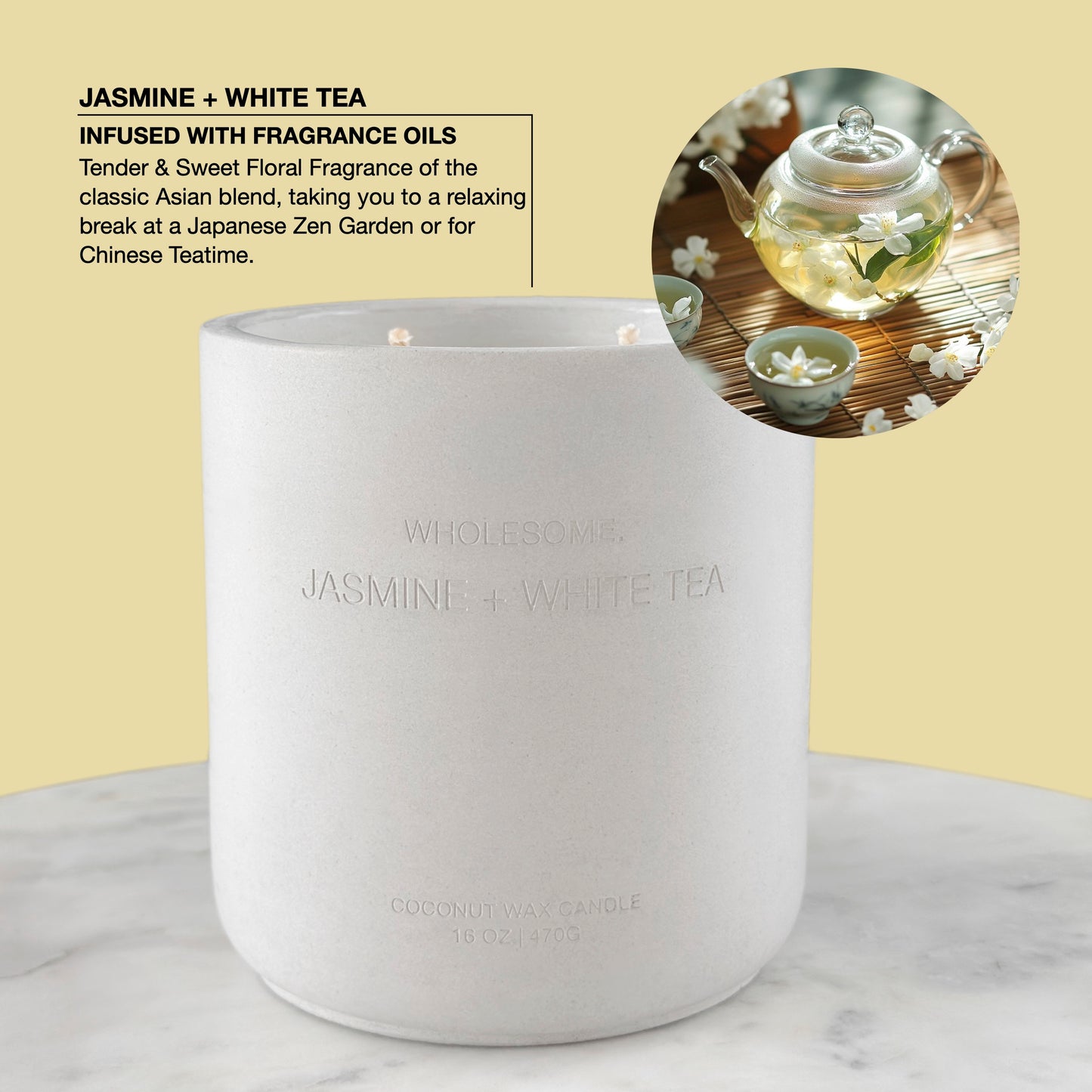 Jasmine + White Tea Scented Non Toxic Candles - 100% Natural Coconut Wax Candle