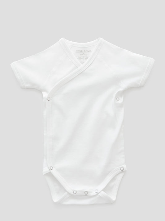 organic cotton, short sleeve, bodysuit, baby essentials, newborn, white, wrap, wholesome, oeko tex standard 100