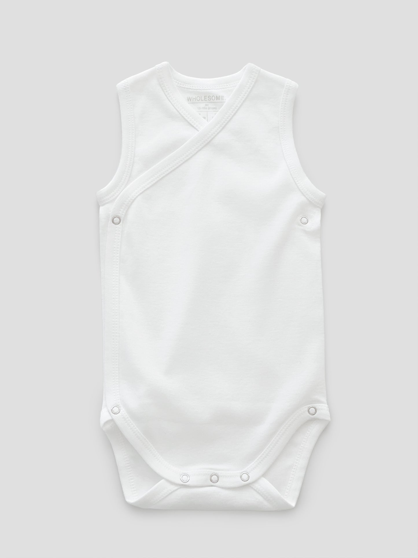 organic cotton, sleeveless button, bodysuit, baby essentials, newborn, white, wrap, wholesome, oeko tex standard 100, 2 pack