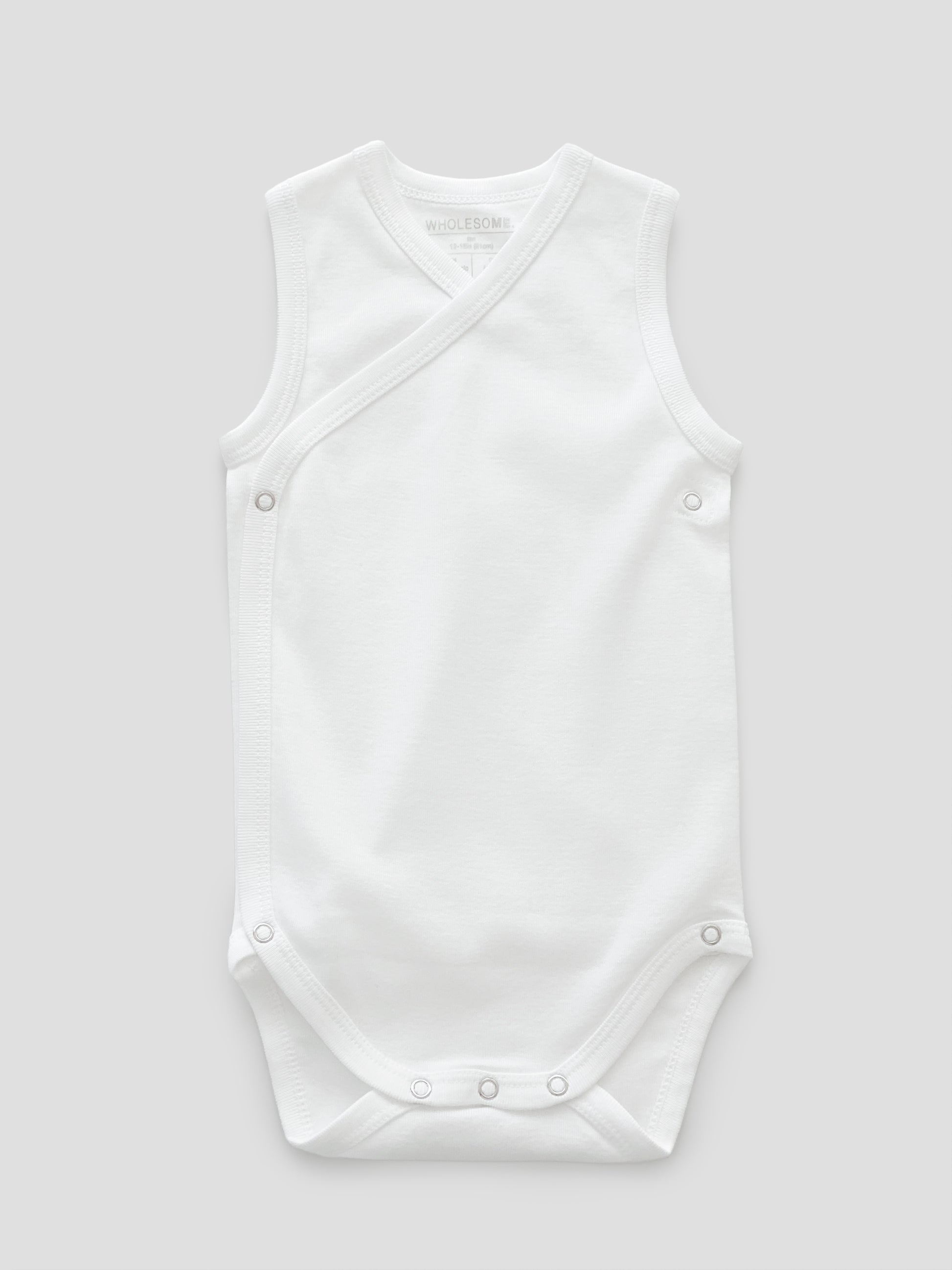 organic cotton, sleeveless button, bodysuit, baby essentials, newborn, white, wrap, wholesome, oeko tex standard 100,