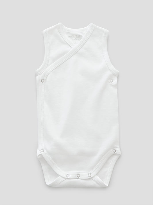 organic cotton, sleeveless button, bodysuit, baby essentials, newborn, white, wrap, wholesome, oeko tex standard 100,