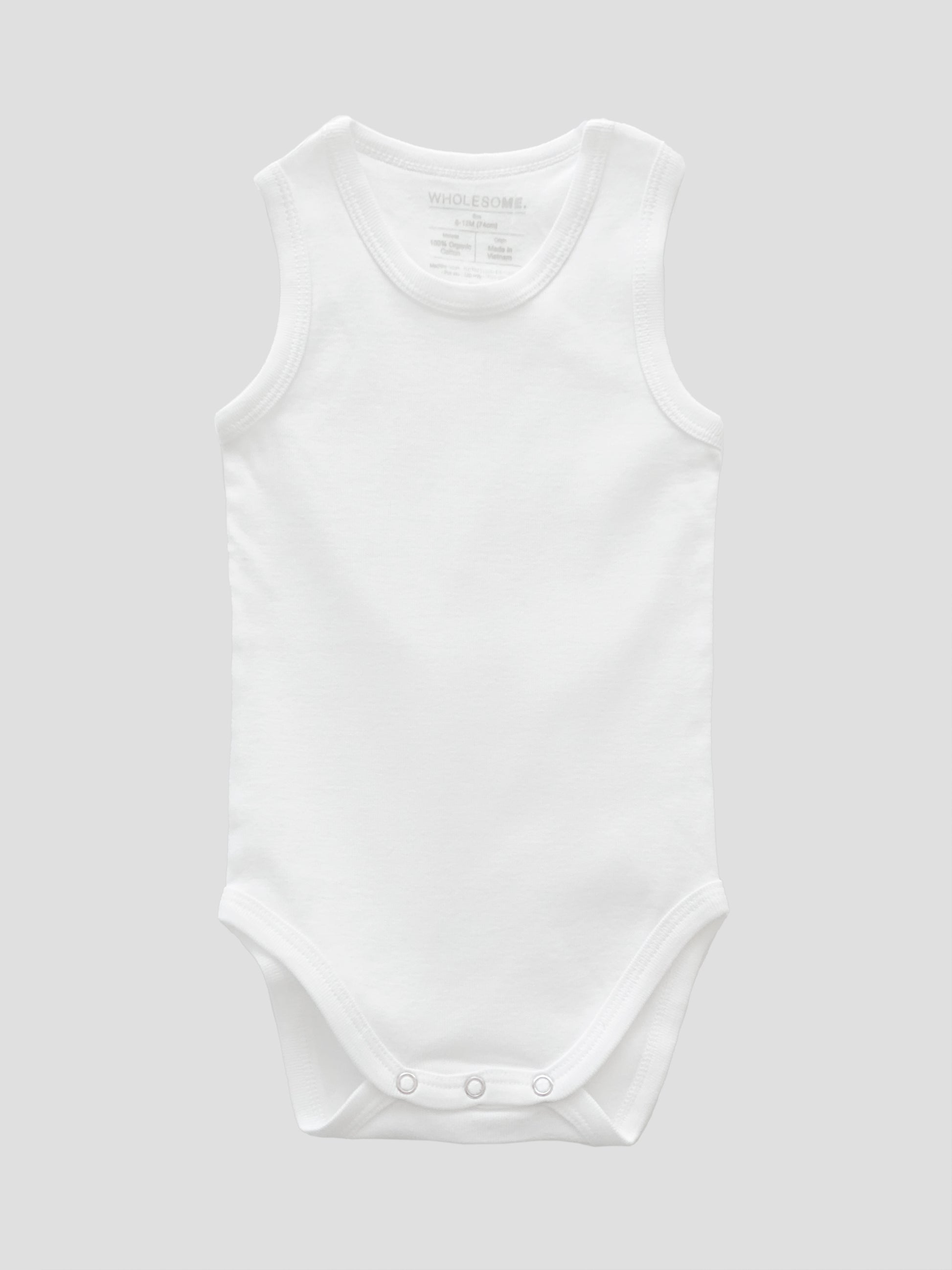 organic cotton, sleeveless, bodysuit, baby essentials, newborn, white, wrap, wholesome, oeko tex standard 100,