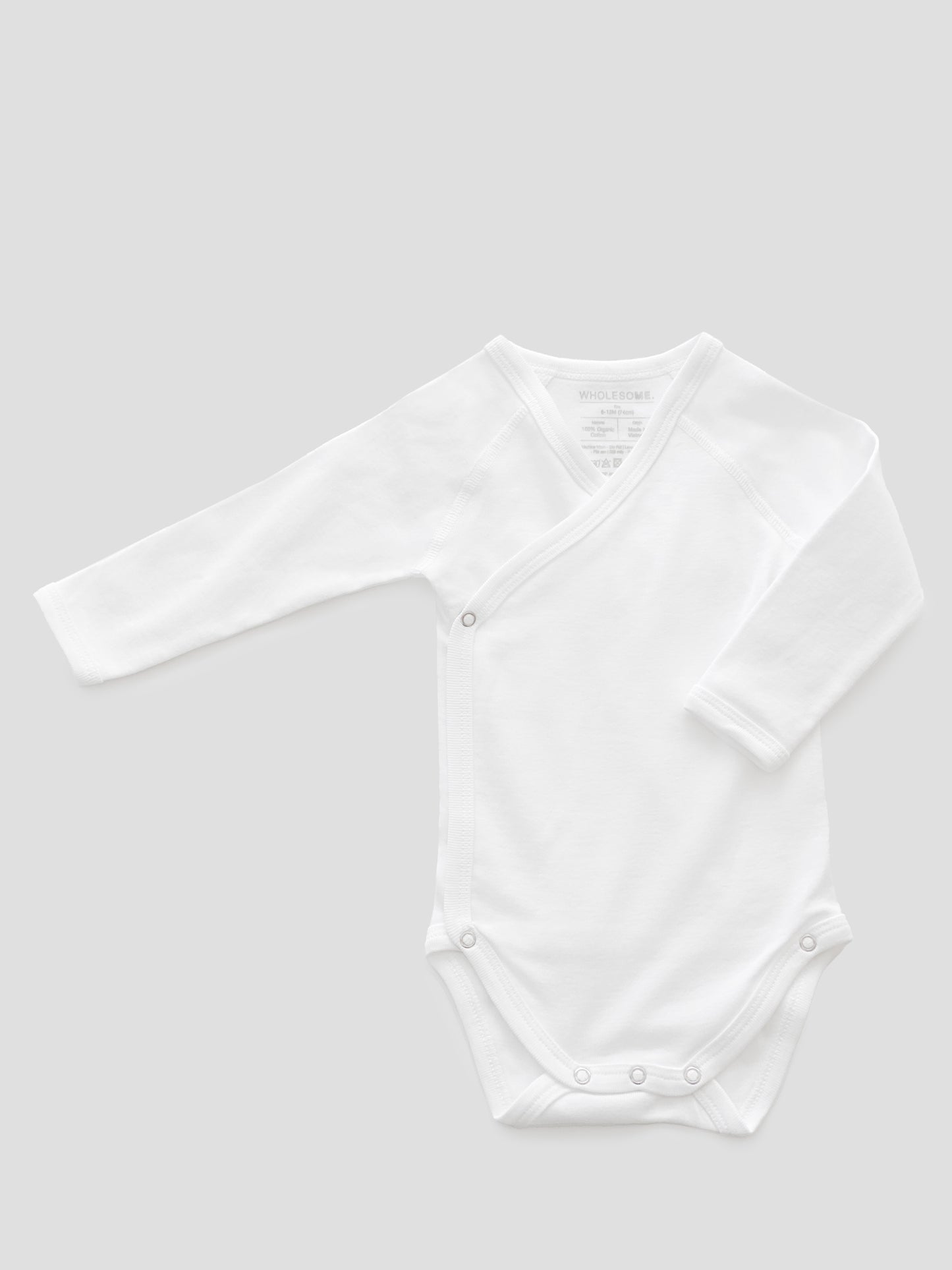 organic cotton, Long sleeve, bodysuit, baby essentials, newborn, white, wrap, wholesome, oeko tex standard 100