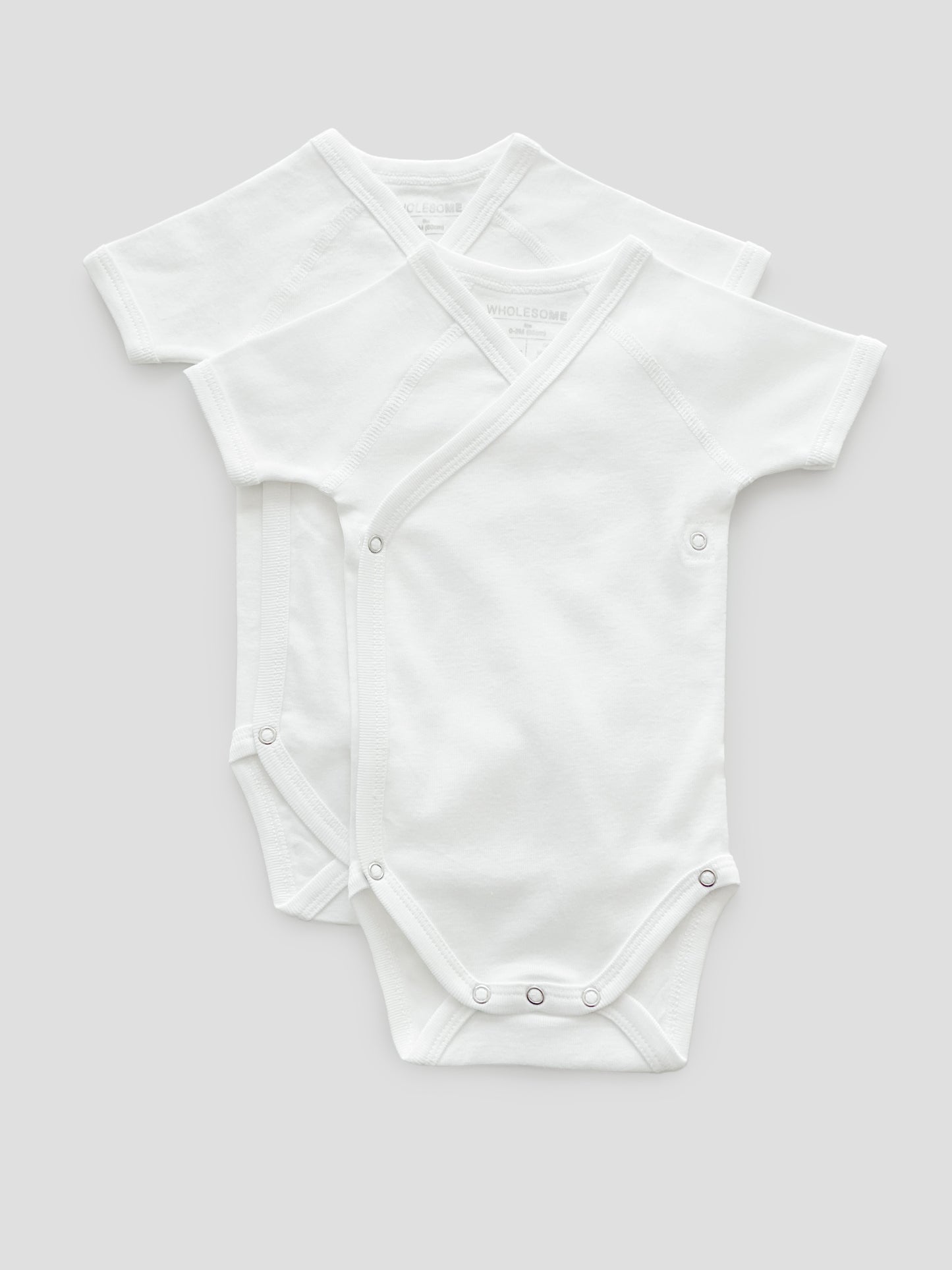 organic cotton, short sleeve, bodysuit, baby essentials, newborn, white, wrap, wholesome, oeko tex standard 100, 2 pack