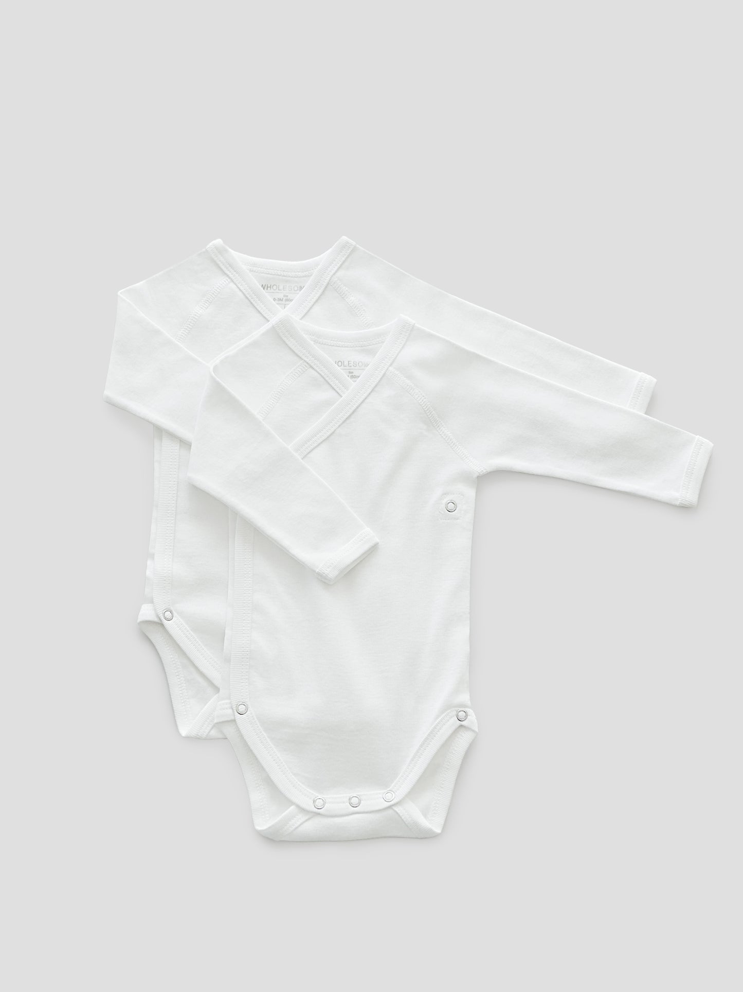 organic cotton, Long sleeve, bodysuit, 2 pack, baby essentials, newborn, white, wrap, wholesome, oeko tex standard 100