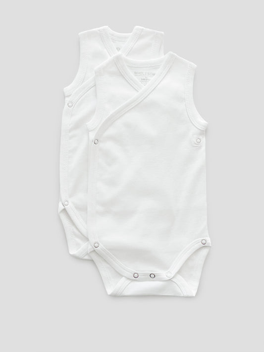 organic cotton, sleeveless button, bodysuit, baby essentials, newborn, white, wrap, wholesome, oeko tex standard 100, 2 pack