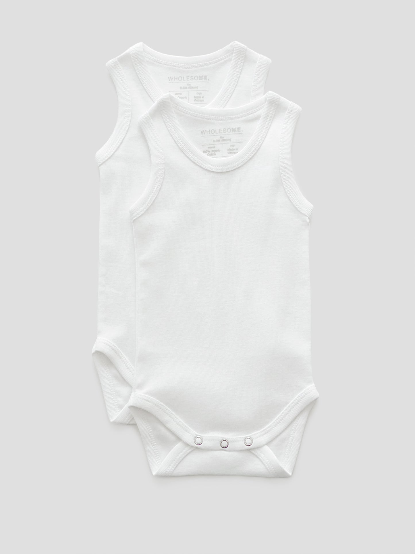 organic cotton, sleeveless, bodysuit, baby essentials, newborn, white, wrap, wholesome, oeko tex standard 100, 2 pack