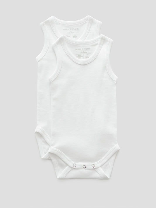 organic cotton, sleeveless, bodysuit, baby essentials, newborn, white, wrap, wholesome, oeko tex standard 100, 2 pack